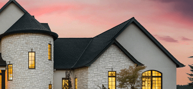 Right side of house with illuminated windows at sunset