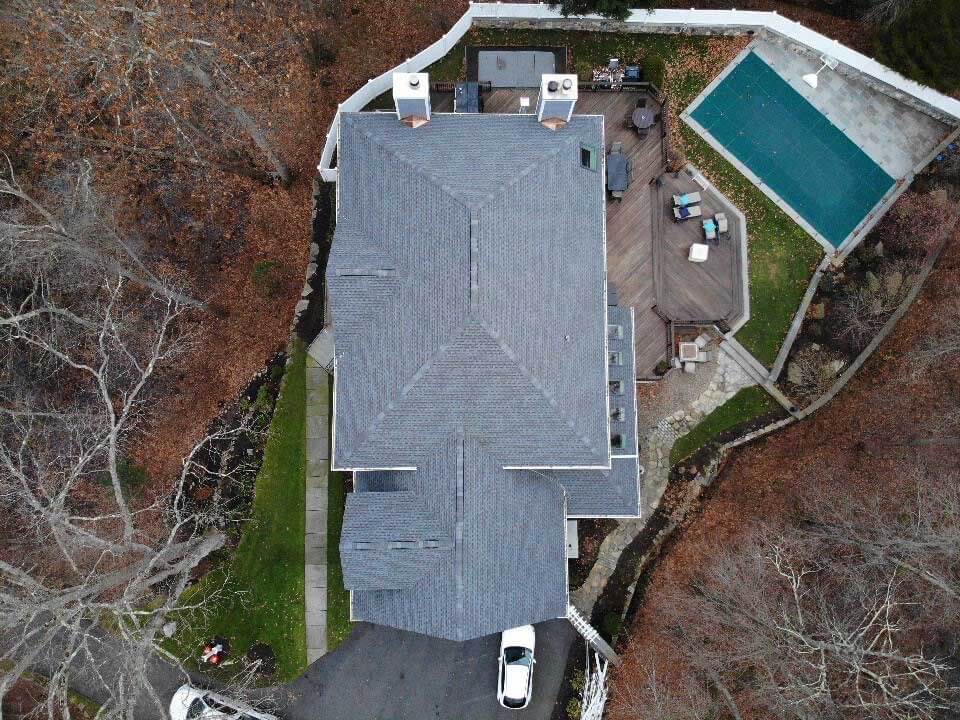 Overhead view of GAF asphalt shingles on home