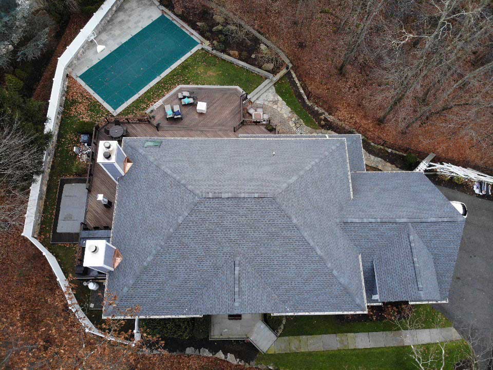 Overhead view of GAF asphalt shingles on home