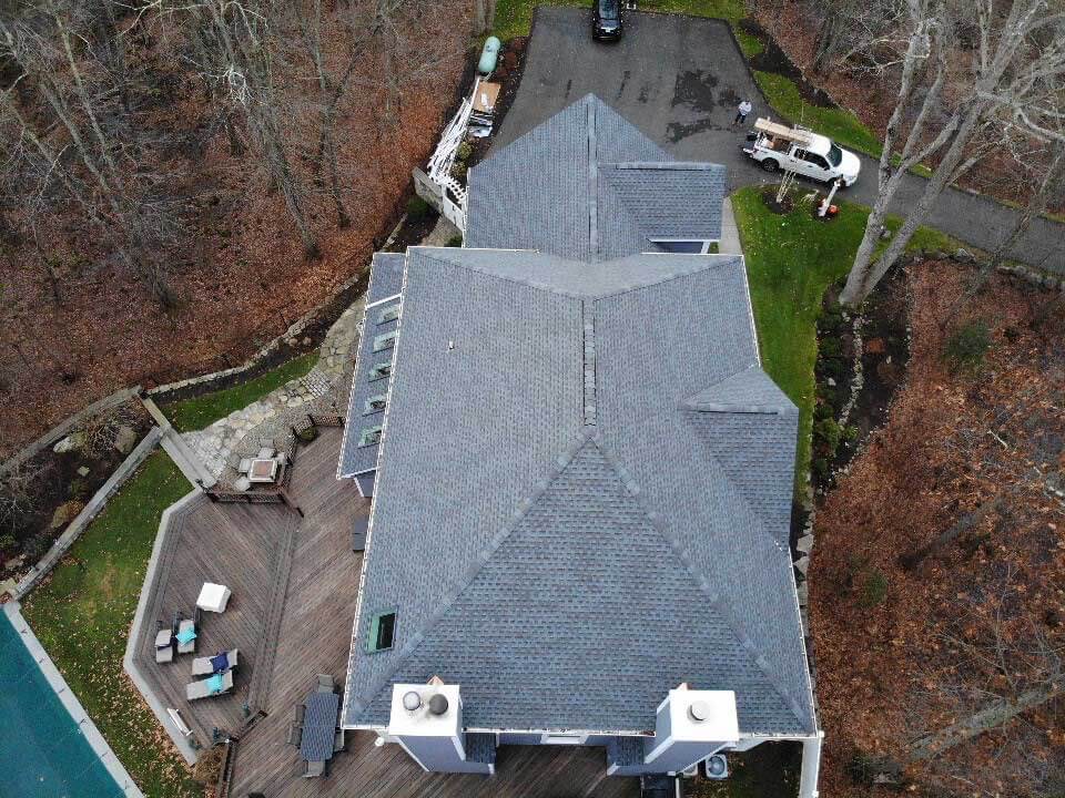 Overhead view of GAF asphalt shingles on home