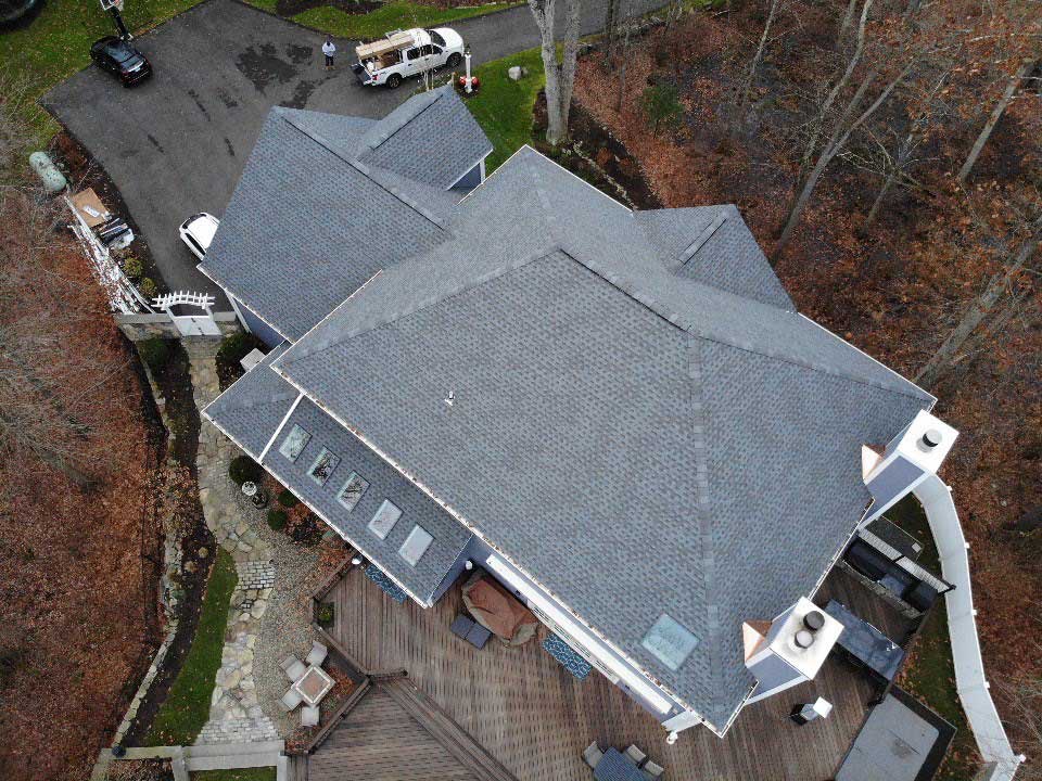 Overhead view of GAF asphalt shingles on home