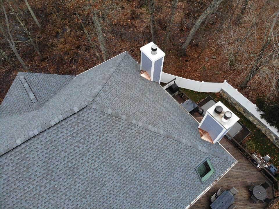 Overhead view of GAF asphalt shingles on home