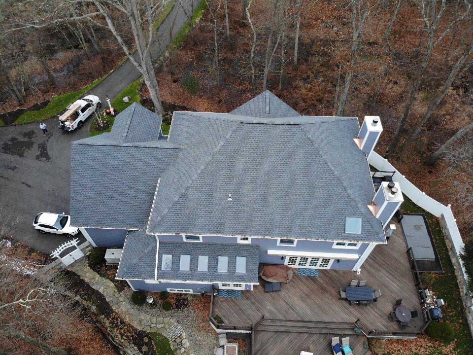 Overhead view of GAF asphalt shingles on home with skylights