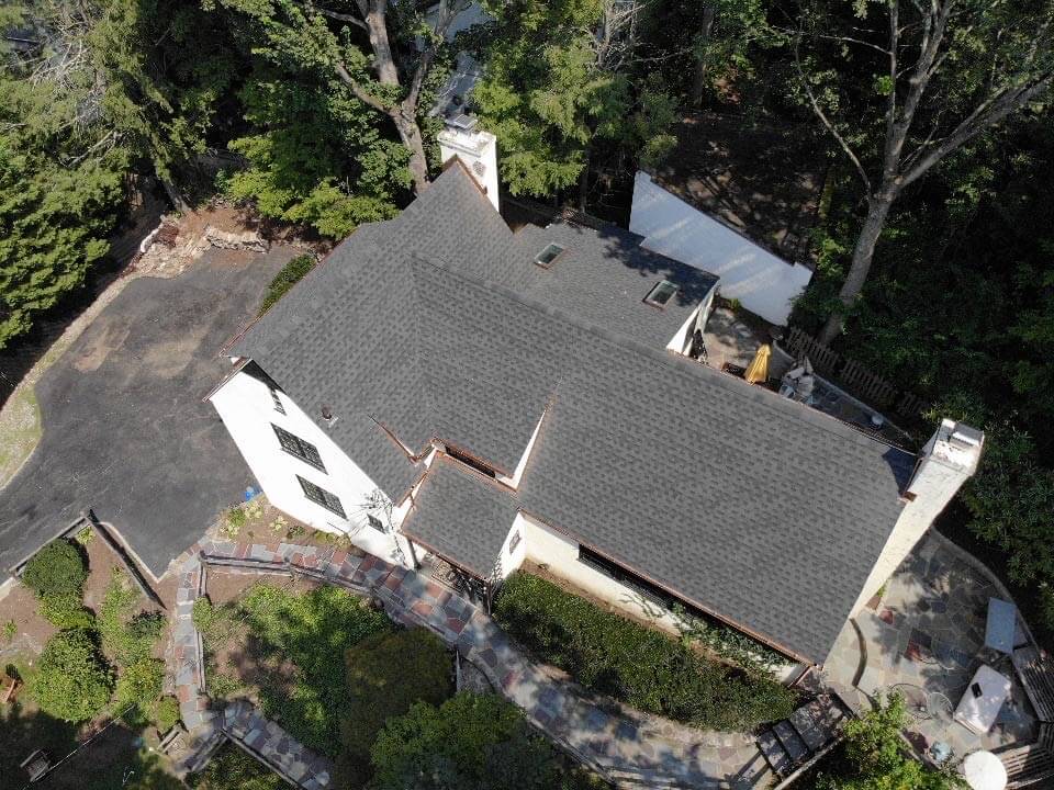 Aerial view of GAF asphalt shingles on home