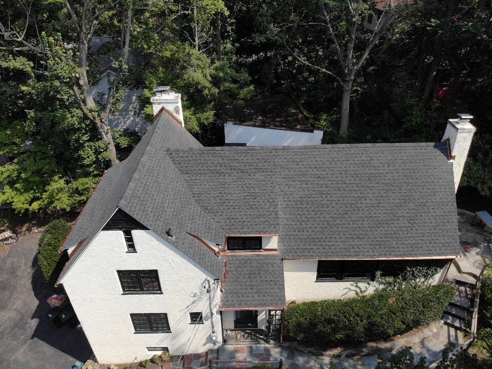 Aerial view of GAF asphalt shingles on home