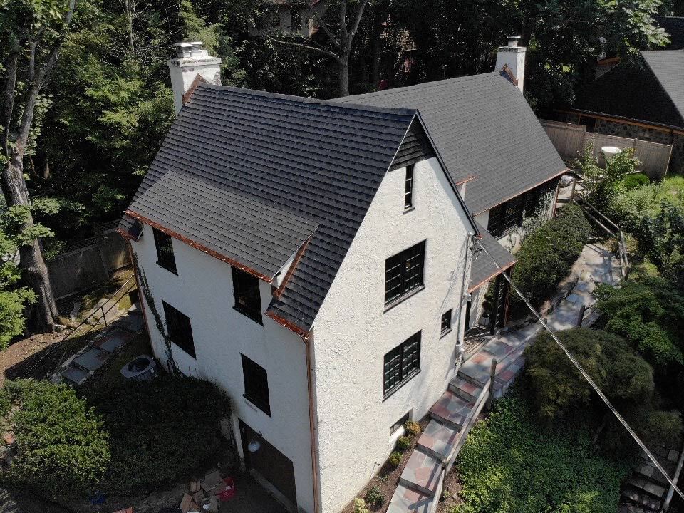 Aerial view of GAF asphalt shingles on home