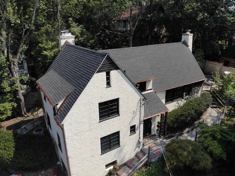 Aerial view of GAF asphalt shingles on home