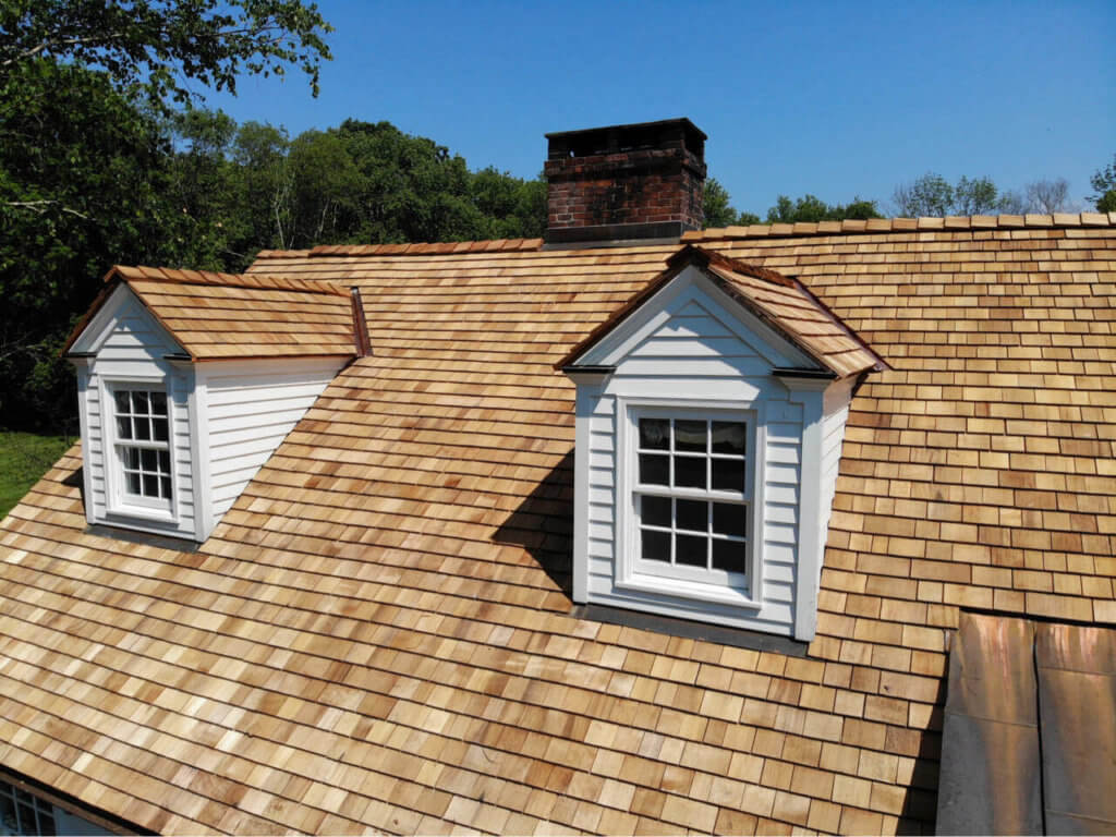 Aerial view of tapersawn cedar shingles on home