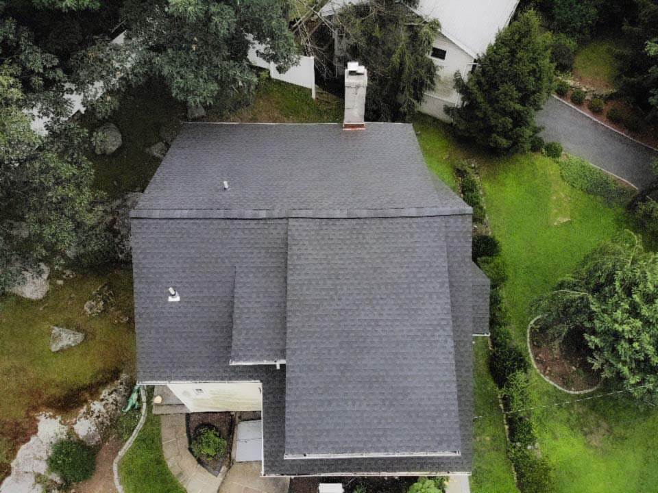 Aerial view of GAF asphalt shingles on home