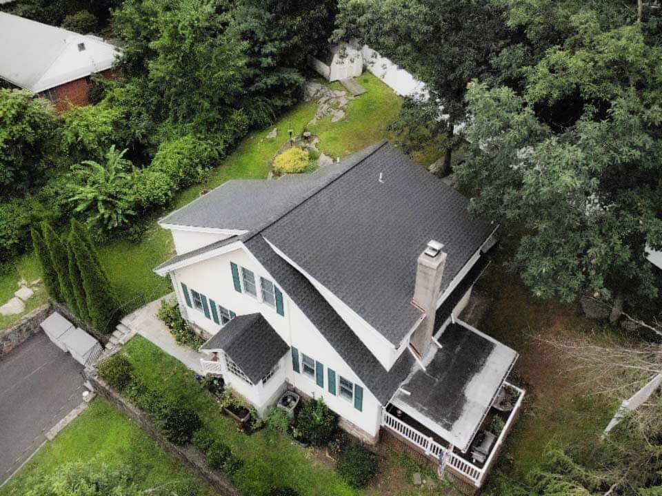 Aerial view of GAF asphalt shingles on home