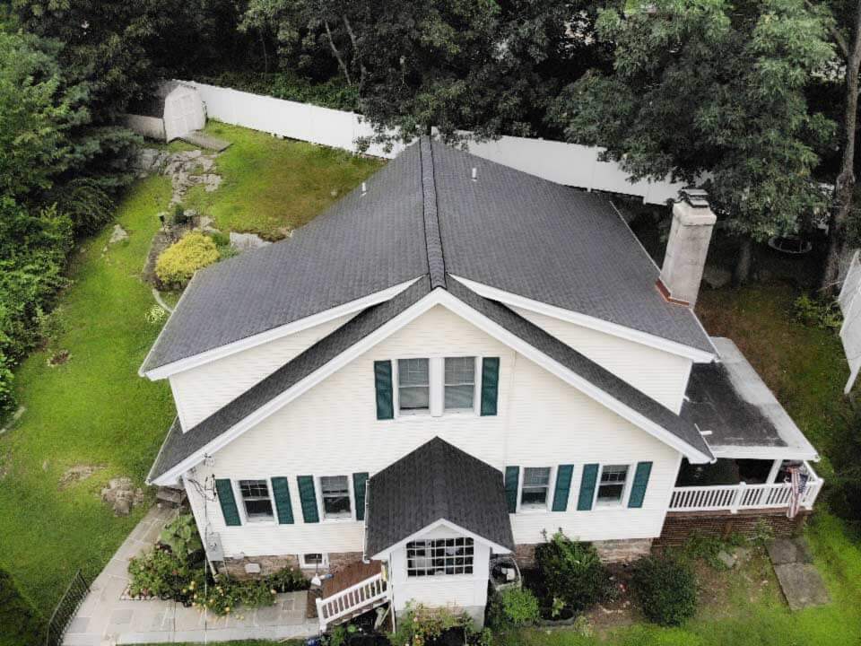 Aerial view of GAF asphalt shingles on home