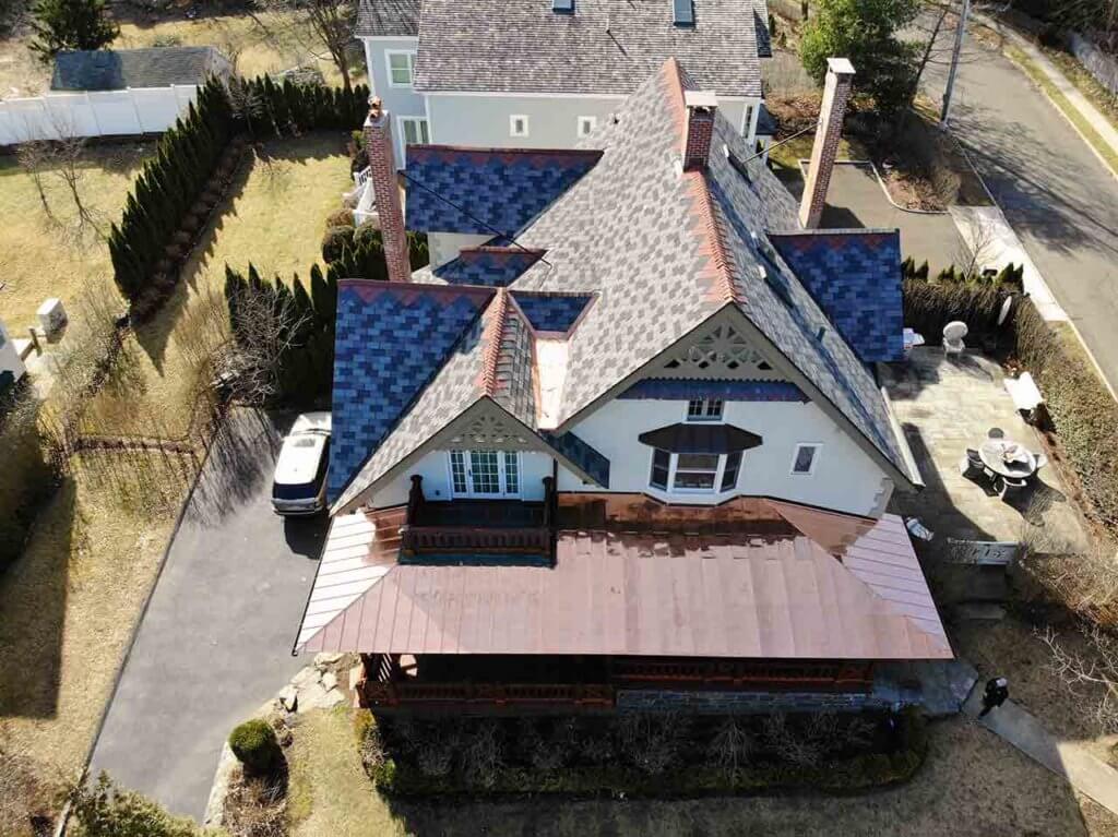 Aerial view of copper roof