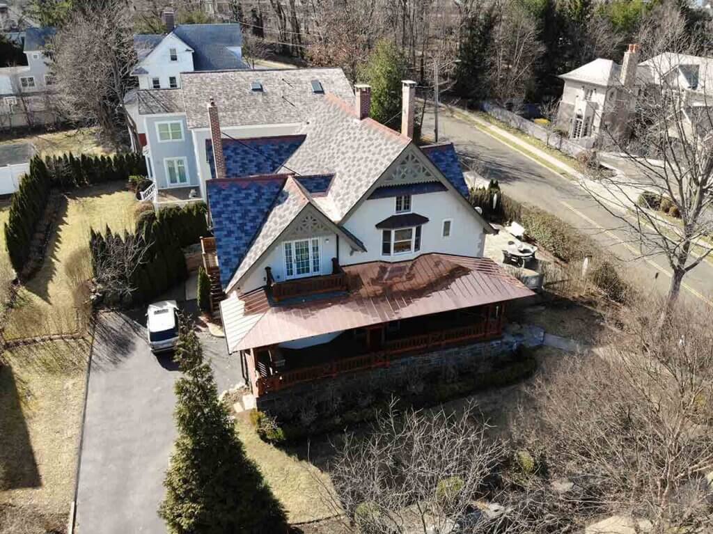 Aerial view of copper roof