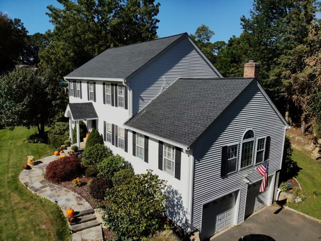 Aerial view of GAF asphalt shingles on home