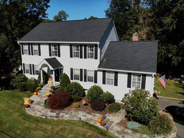 Aerial view of GAF asphalt shingles on home