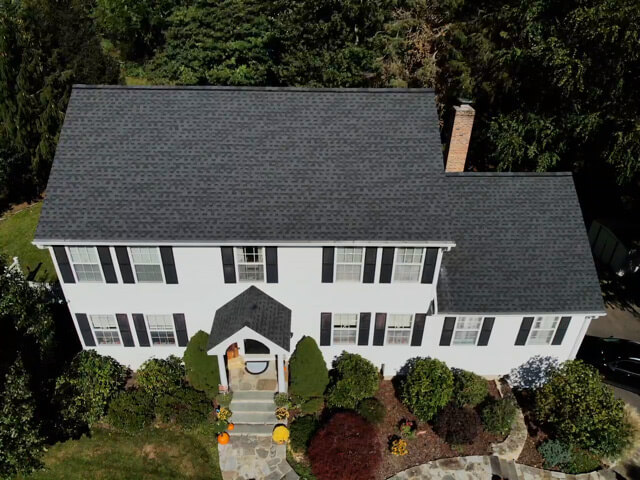 Aerial view of GAF asphalt shingles on home