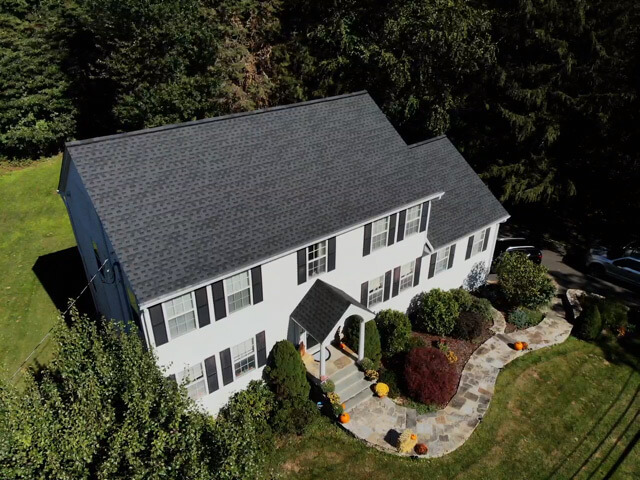 Aerial view of GAF asphalt shingles on home