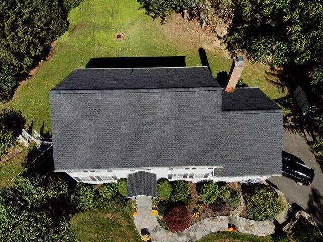 Aerial view of GAF asphalt shingles on home