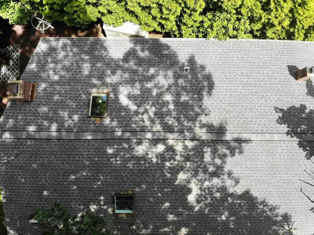 Aerial view of GAF asphalt shingles on roof