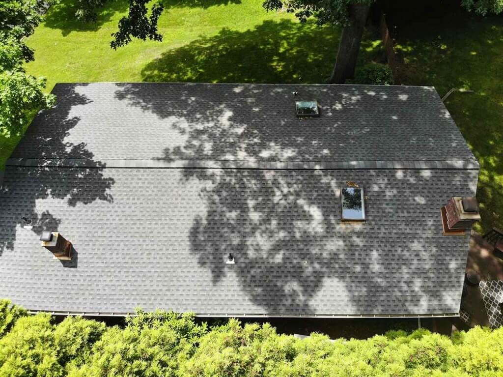 Aerial view of GAF asphalt shingles on roof