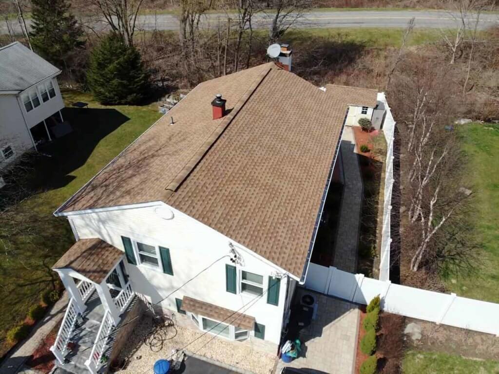 Aerial view of GAF asphalt shingles on roof