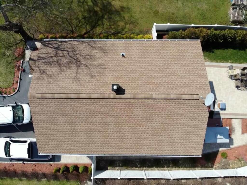 Aerial view of GAF asphalt shingles on roof