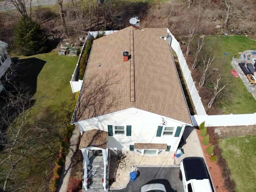 Aerial view of GAF asphalt shingles on roof