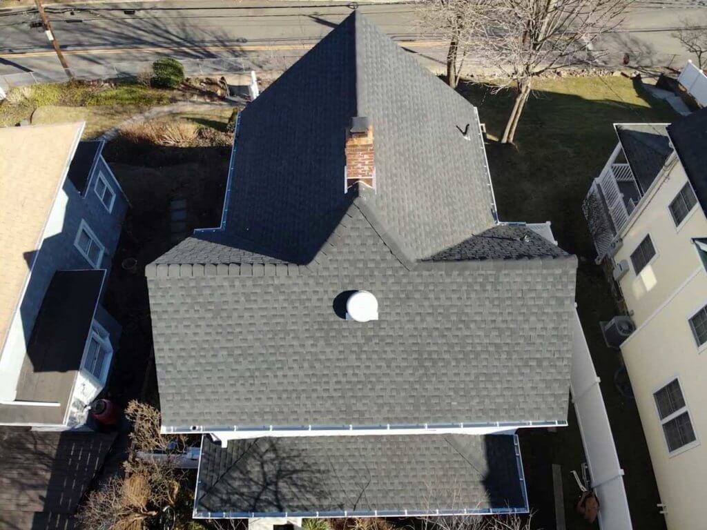 Aerial view of GAF asphalt shingles on home