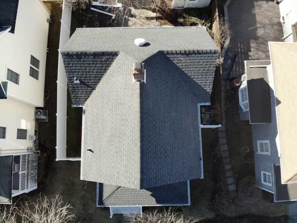 Aerial view of GAF asphalt shingles on home