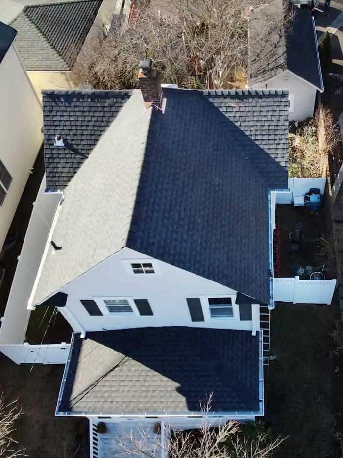 Aerial view of GAF asphalt shingles on home