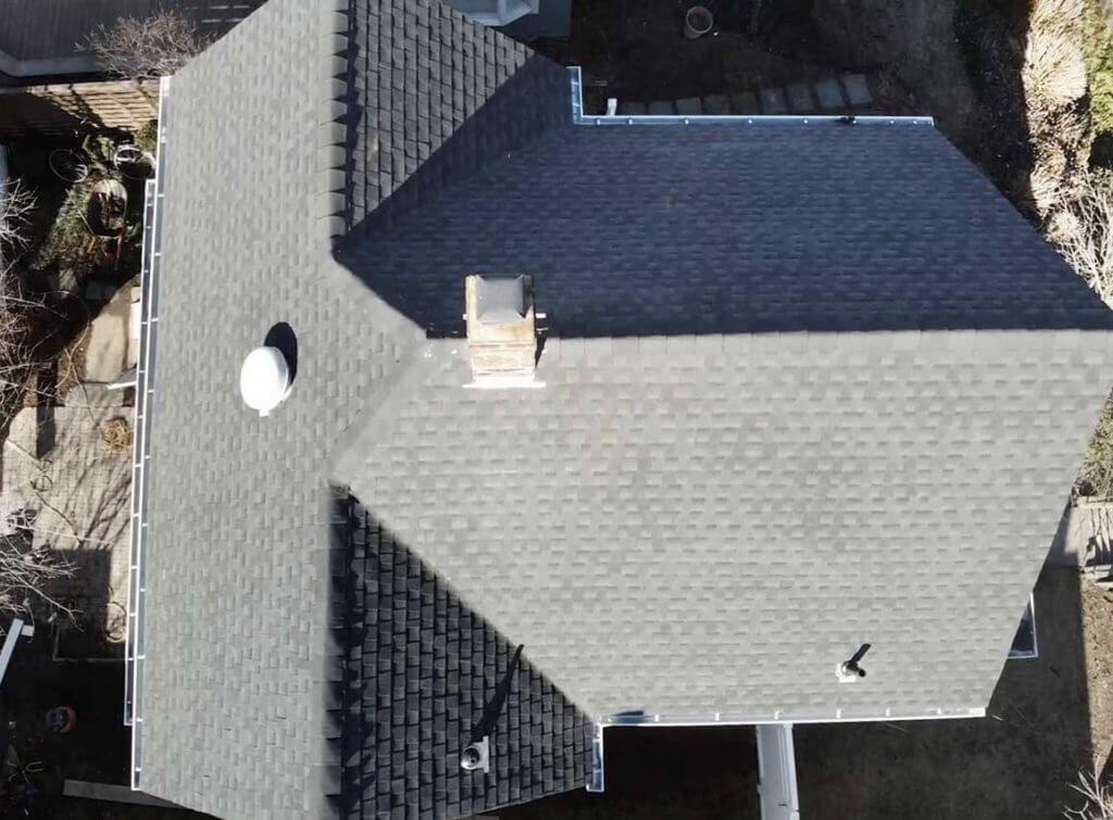 Aerial view of GAF asphalt shingles on home