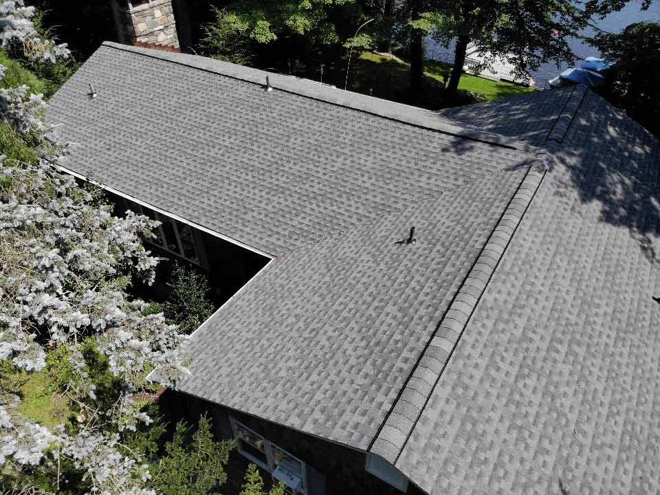 Overhead view of GAF asphalt shingles on home