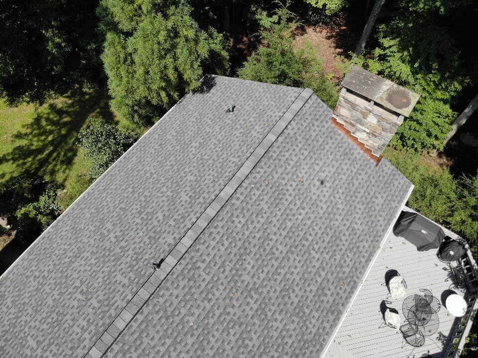 Overhead view of GAF asphalt shingles on home