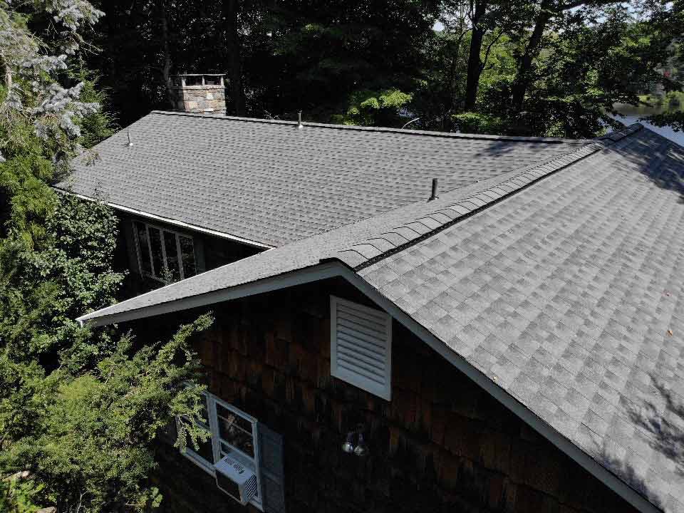 Overhead view of GAF asphalt shingles on home