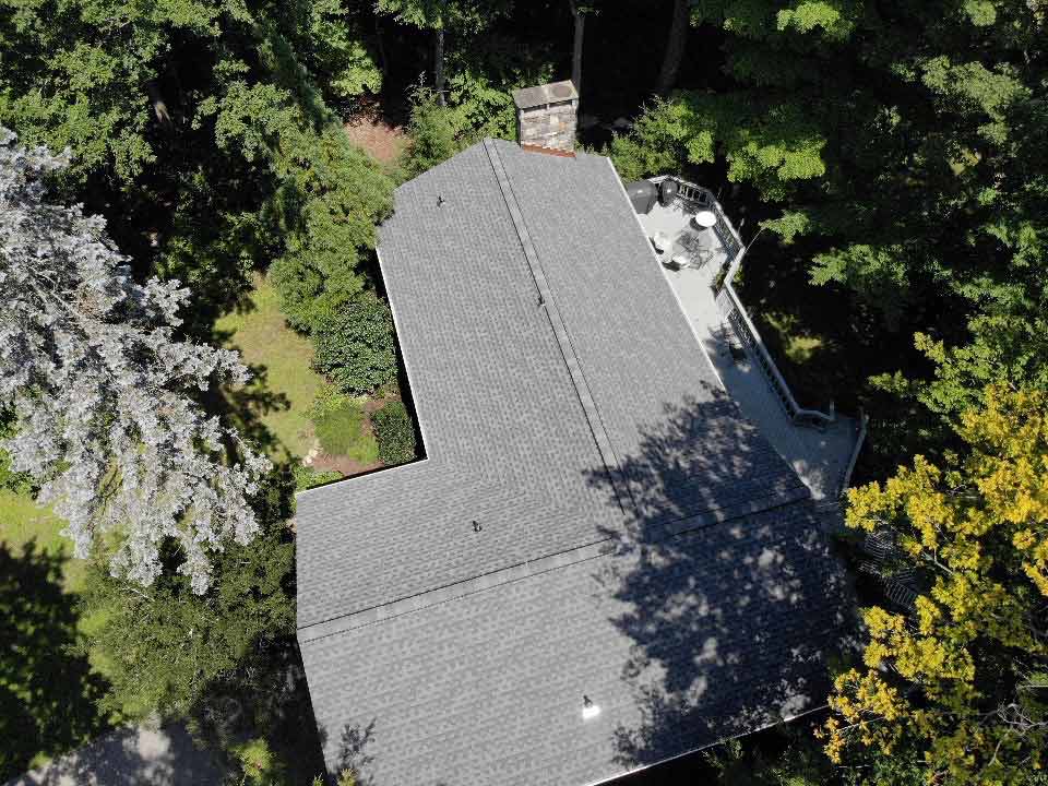 Overhead view of GAF asphalt shingles on home