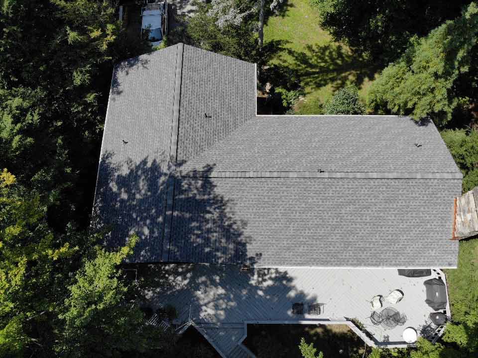 Overhead view of GAF asphalt shingles on home