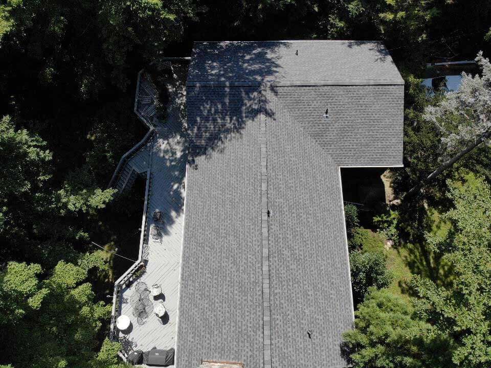 Overhead view of GAF asphalt shingles on home