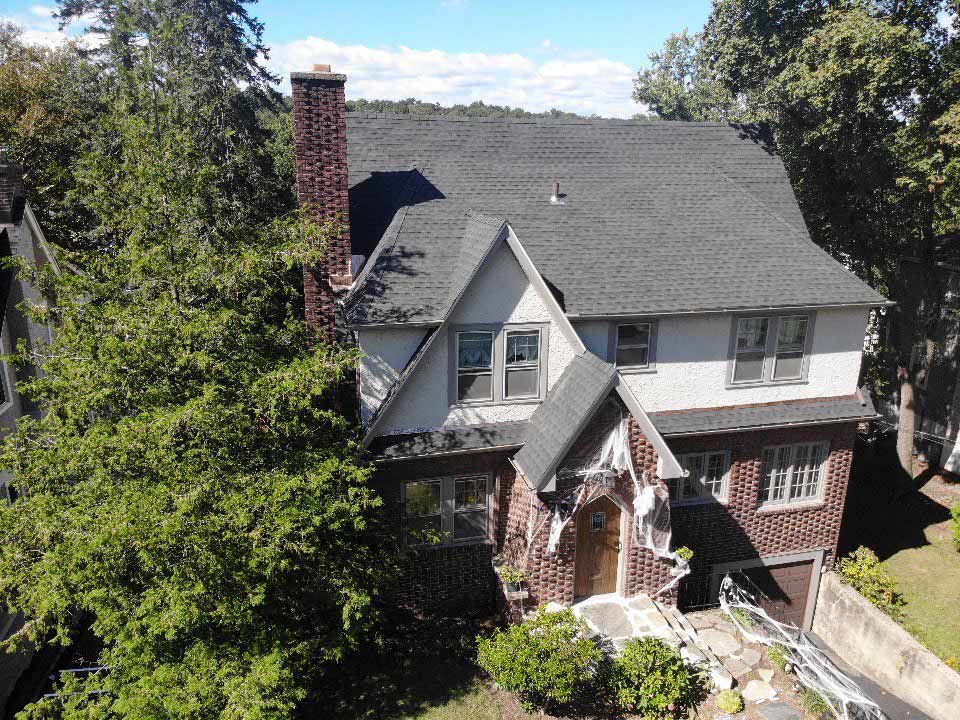 Overhead view of GAF asphalt shingles on home