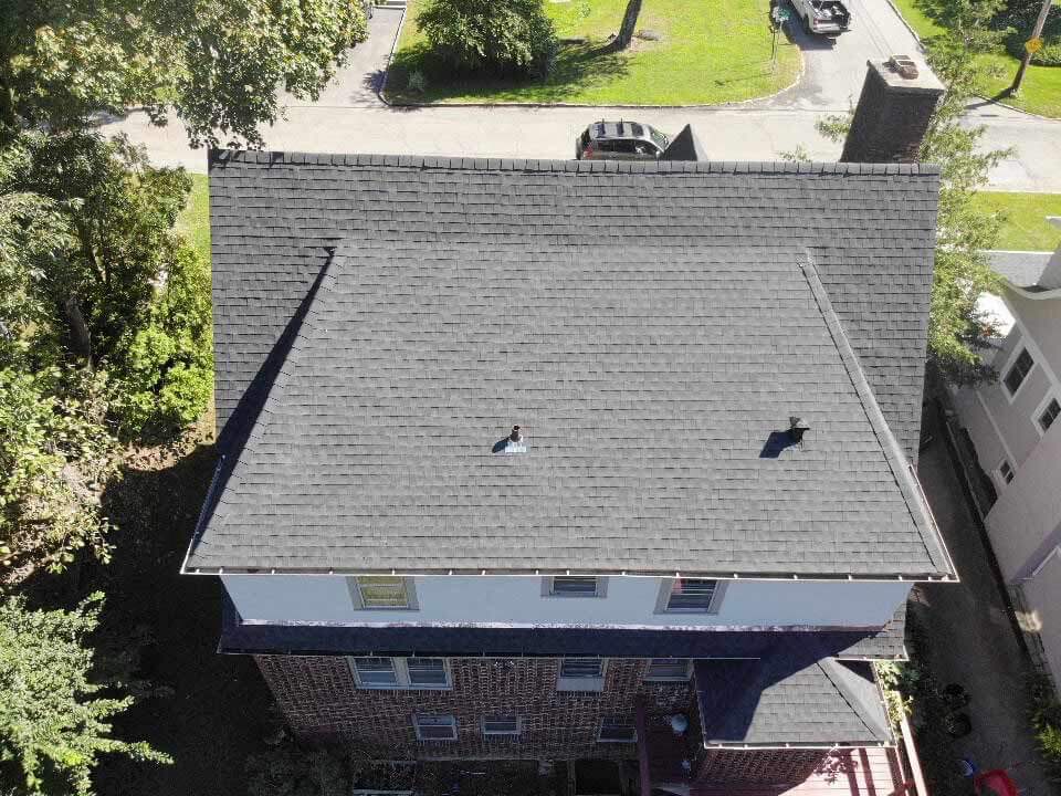 Overhead view of GAF asphalt shingles on home