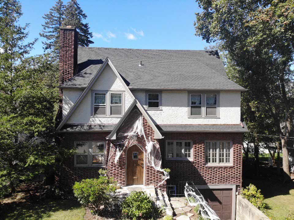 Overhead view of GAF asphalt shingles on home