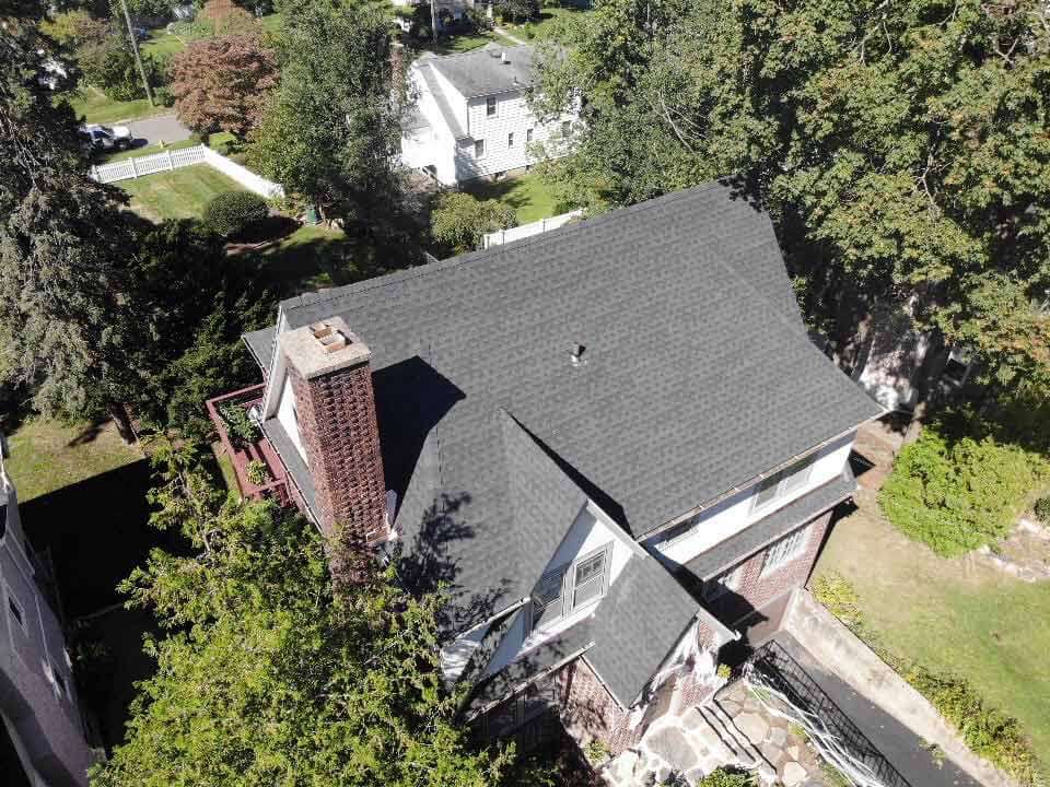 Overhead view of GAF asphalt shingles on home