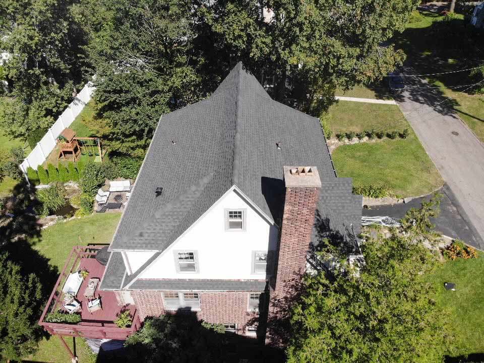 Overhead view of GAF asphalt shingles on home