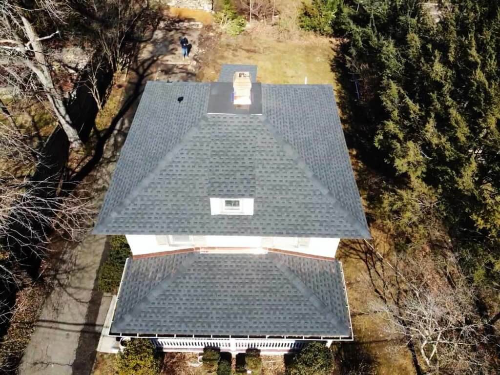 Aerial view of GAF Asphalt shingles on home