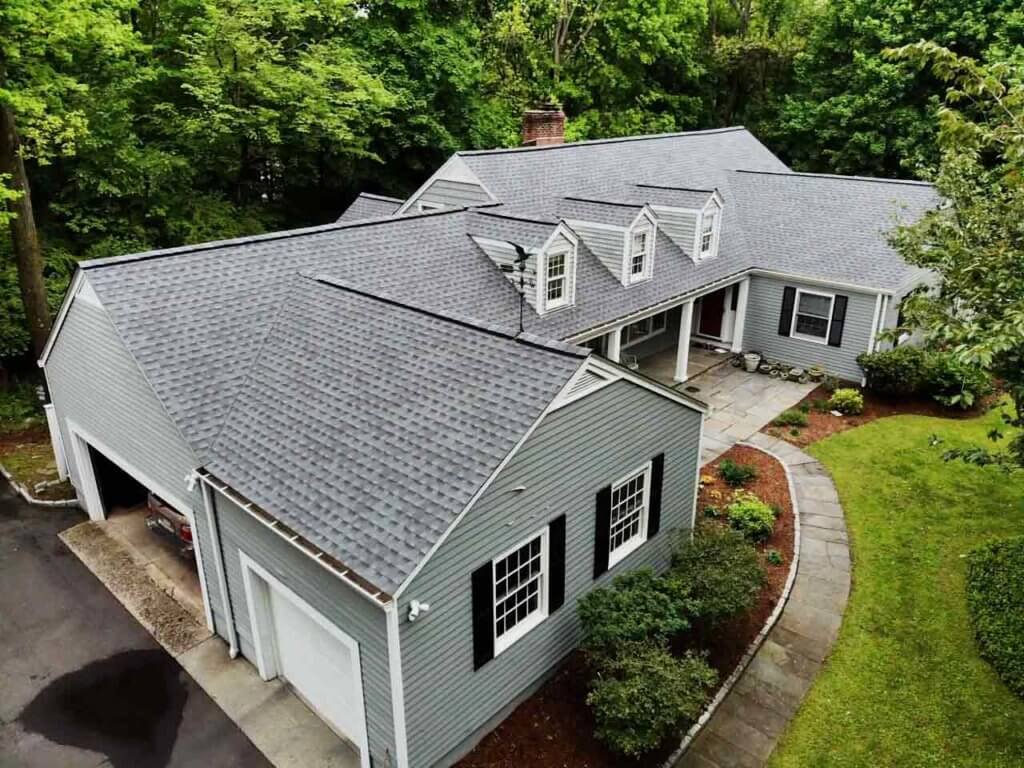 Aerial view of asphalt shingles on home