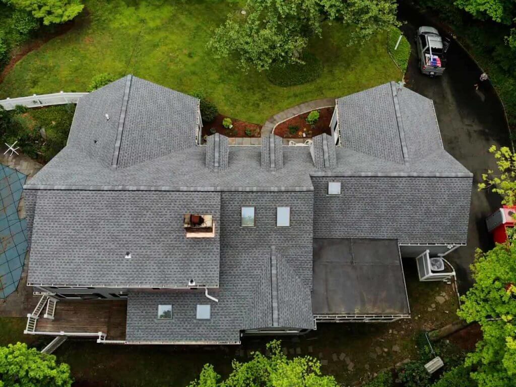 Aerial view of asphalt shingles on home