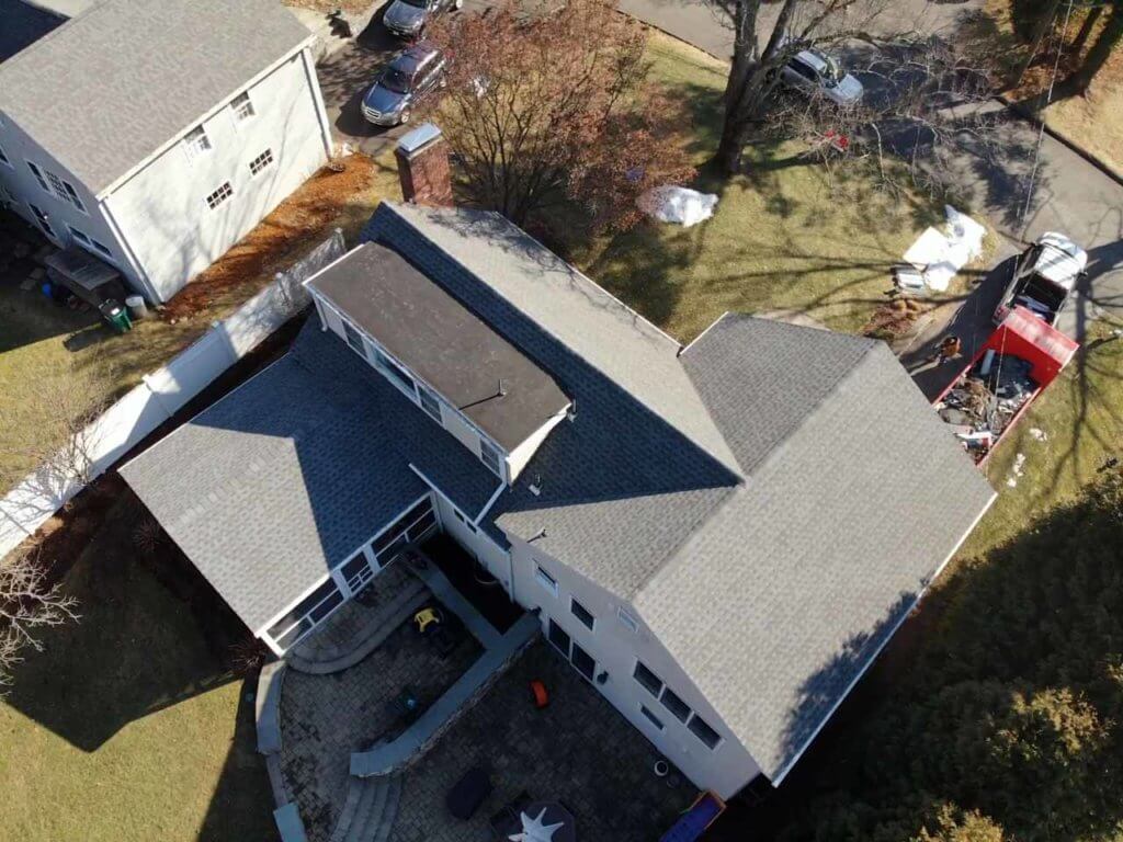 Aerial view of GAF Asphalt shingles on home