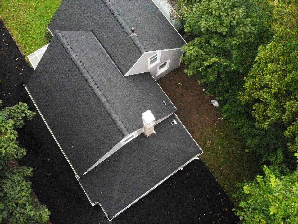 Overhead view of GAF asphalt shingles on home