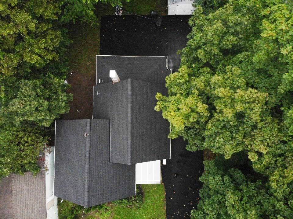 Overhead view of GAF asphalt shingles on home