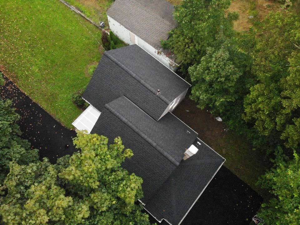 Overhead view of GAF asphalt shingles on home