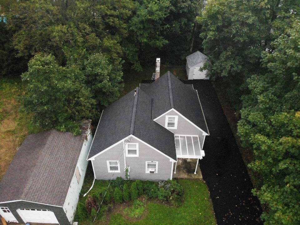 Overhead view of GAF asphalt shingles on home